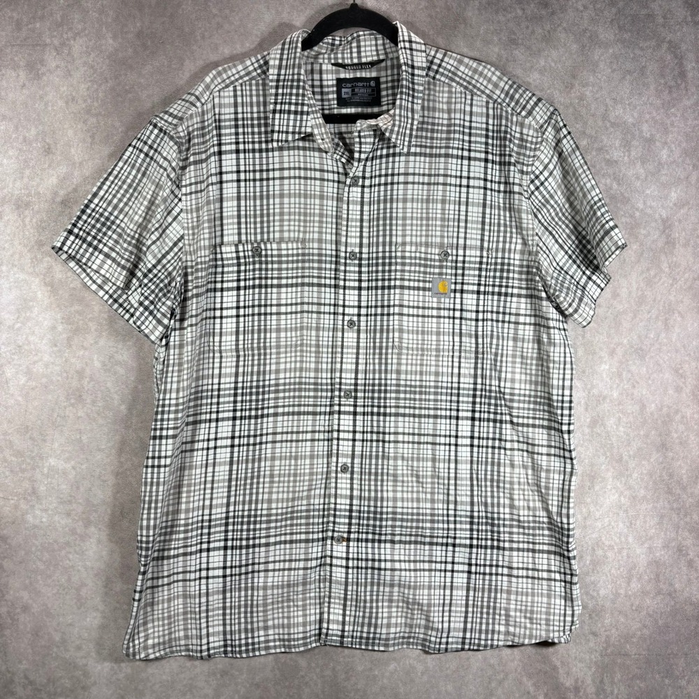 Carhartt Button Down Shirt Mens 2XL Grey Rugged Flex Relaxed Fit Plaid‎ Outdoors